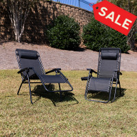 Flash Furniture 2-GM-103122SS-BK-GG Adjustable Folding Mesh Zero Gravity Reclining Lounge Chair with Pillow and Cup Holder Tray in Black, Set of 2